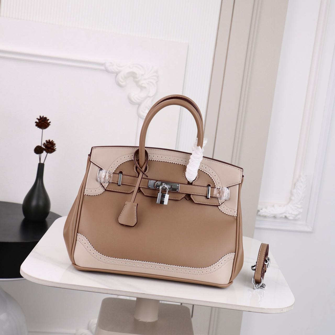 Hermes Birkin lace-trimmed platinum bag