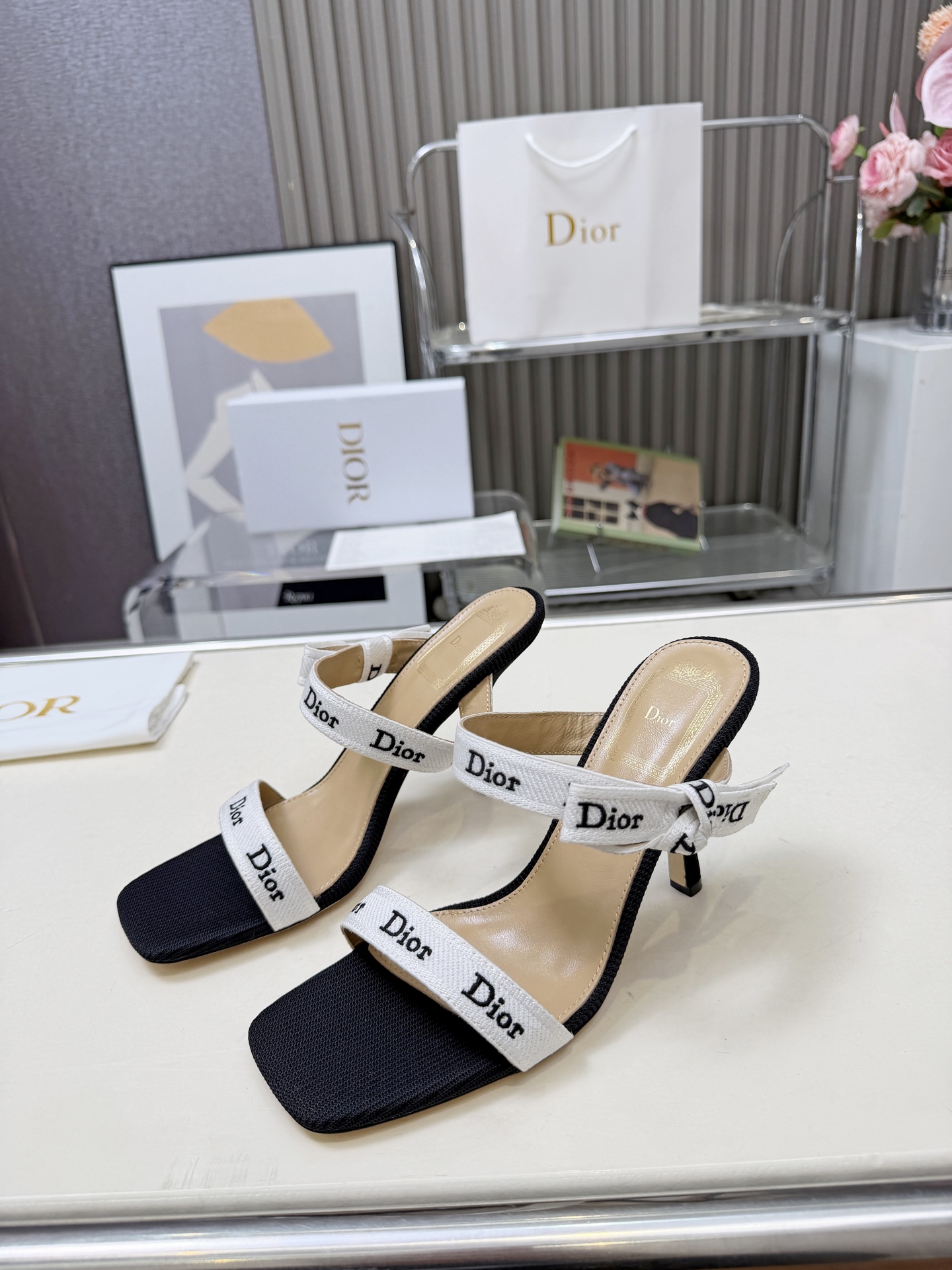 Dior J'Adior Embroidered Cotton Ribbon Bow Strappy Square Toe Jacquard  Heeled Mule Sandals - KAIROO