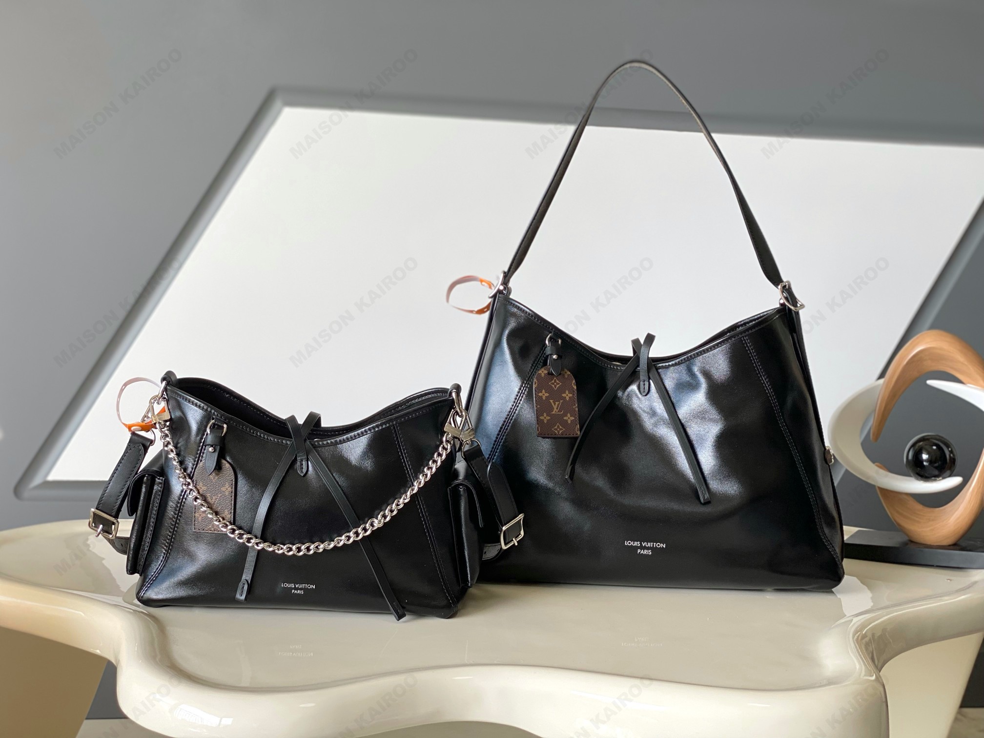 【10A】Louis Vuitton LV CarryAll Cargo Vibe PM/MM Black Leather Monogram Strap Hobo Shoulder Bag - KAIROO