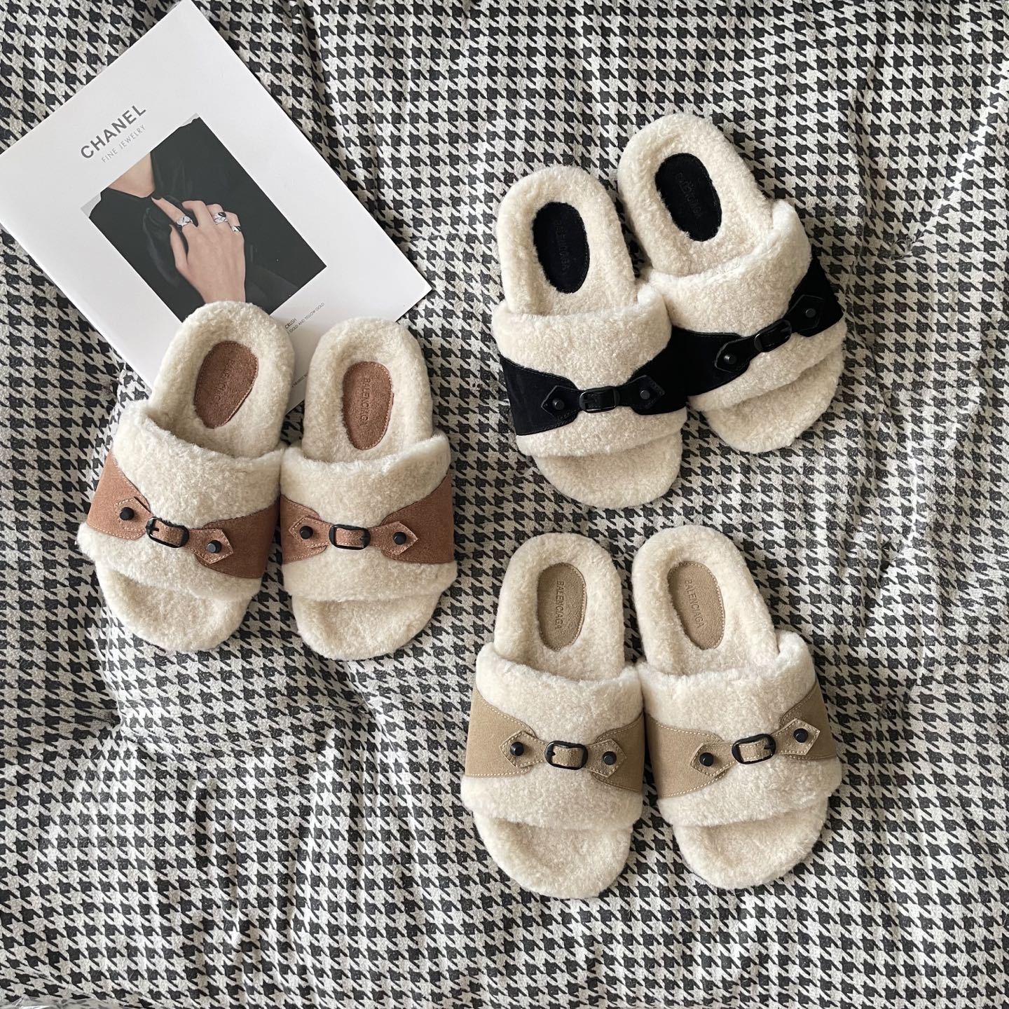 Balenciaga Cagole Open Toe Studded Buckle Soft Faux Shearling Fur Sandals - KAIROO