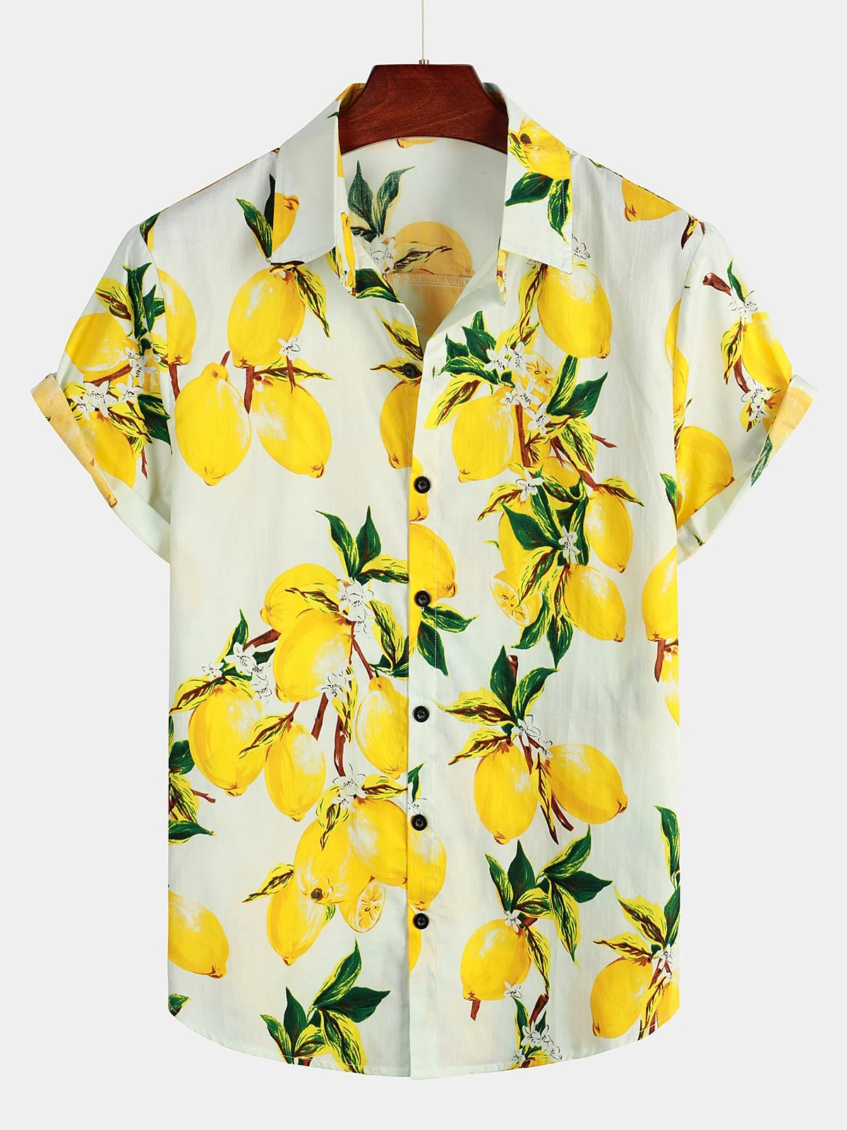 Men's Yellow Tropical Lemon Print Hawaiian Short Sleeve Shirt