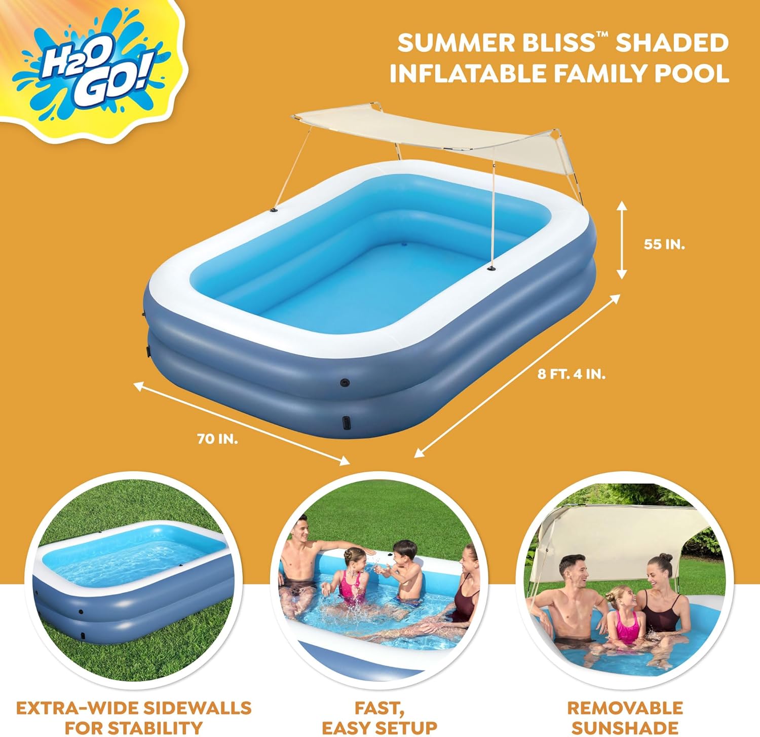 H2OGO! 8 Foot 4 Inch x 70 Inch Summer Bliss Shaded Inflatable Family Pool for Kids Ages 6 Above
