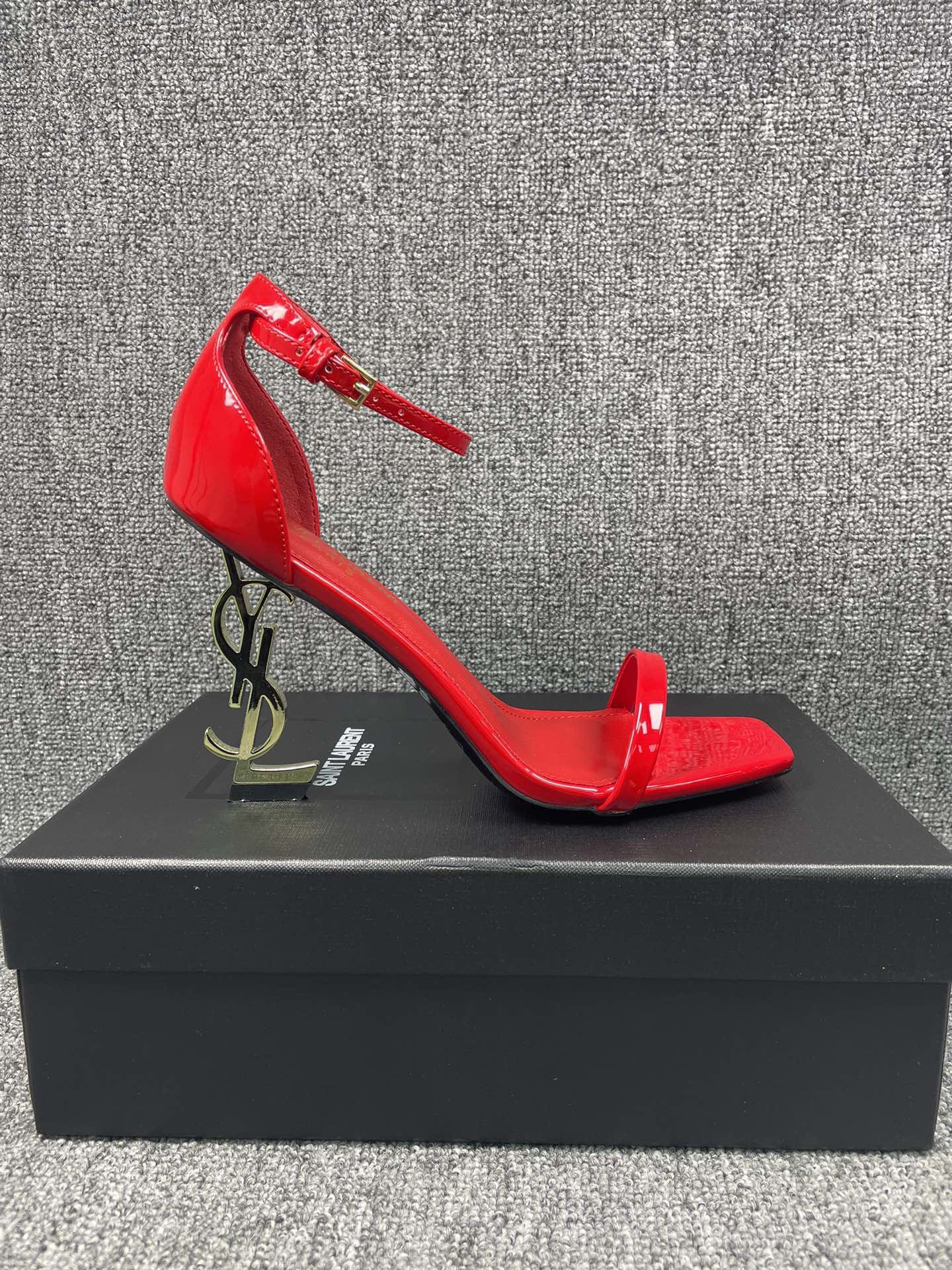Saint Laurent Red/Burgundy Opyum Patent Leather Square Toe YSL Logo Heel Ankle Strap Sandals - KAIROO