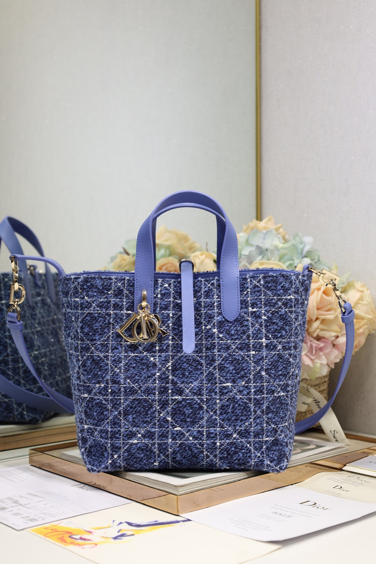 Dior Medium Vertical Toujours in Blue Tweed Canvas