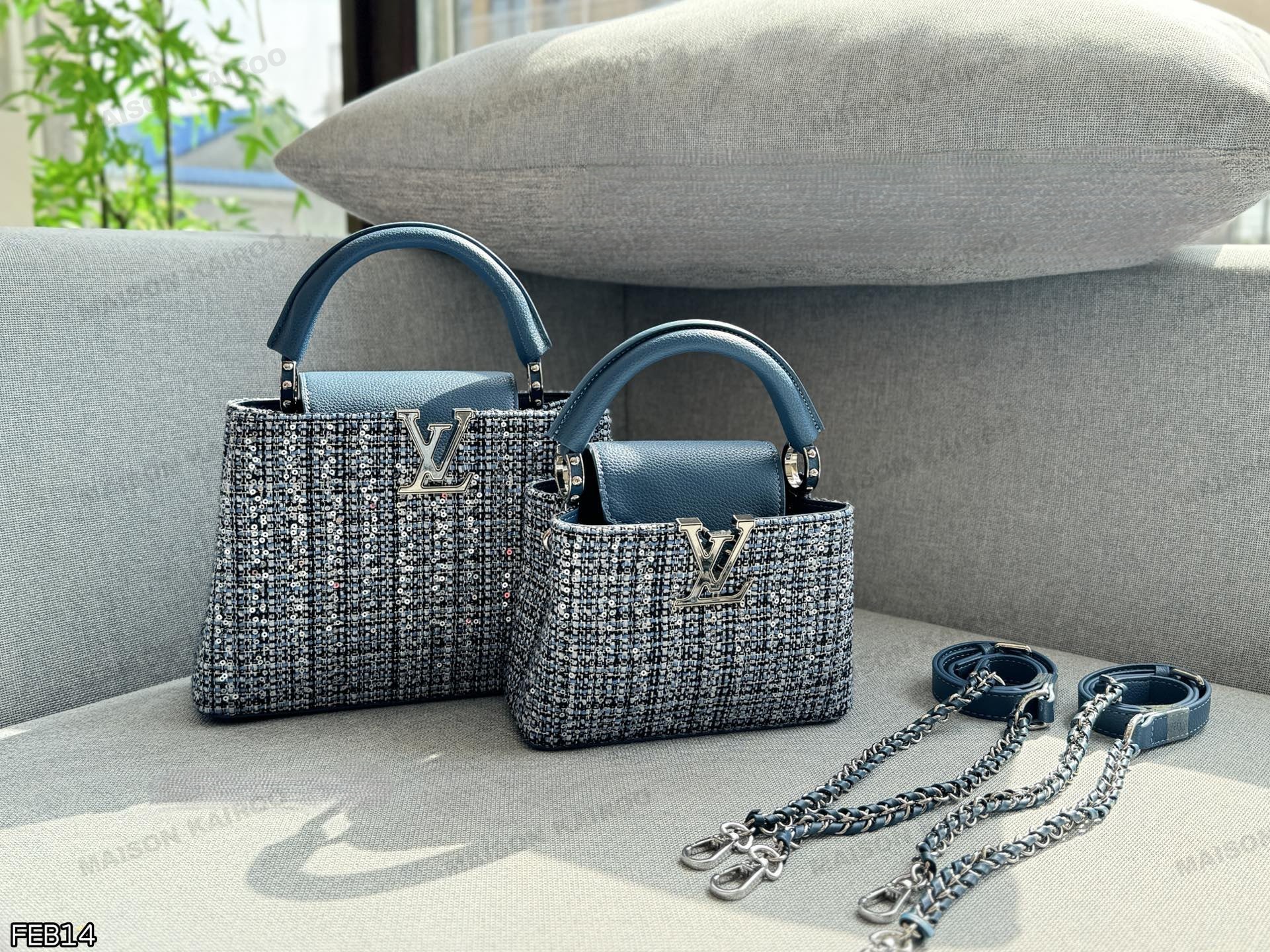Louis Vuitton LV Capucines BB/Mini Blue Tweed Sequin Taurillon Leather Trim Top Handle Bag - KAIROO