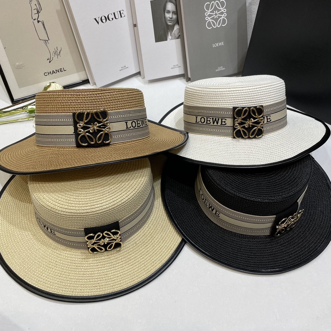 Loewe Gold-Tone Anagram Plaque Jacquard Band Leather Trim Straw Top Boater Hat - KAIROO