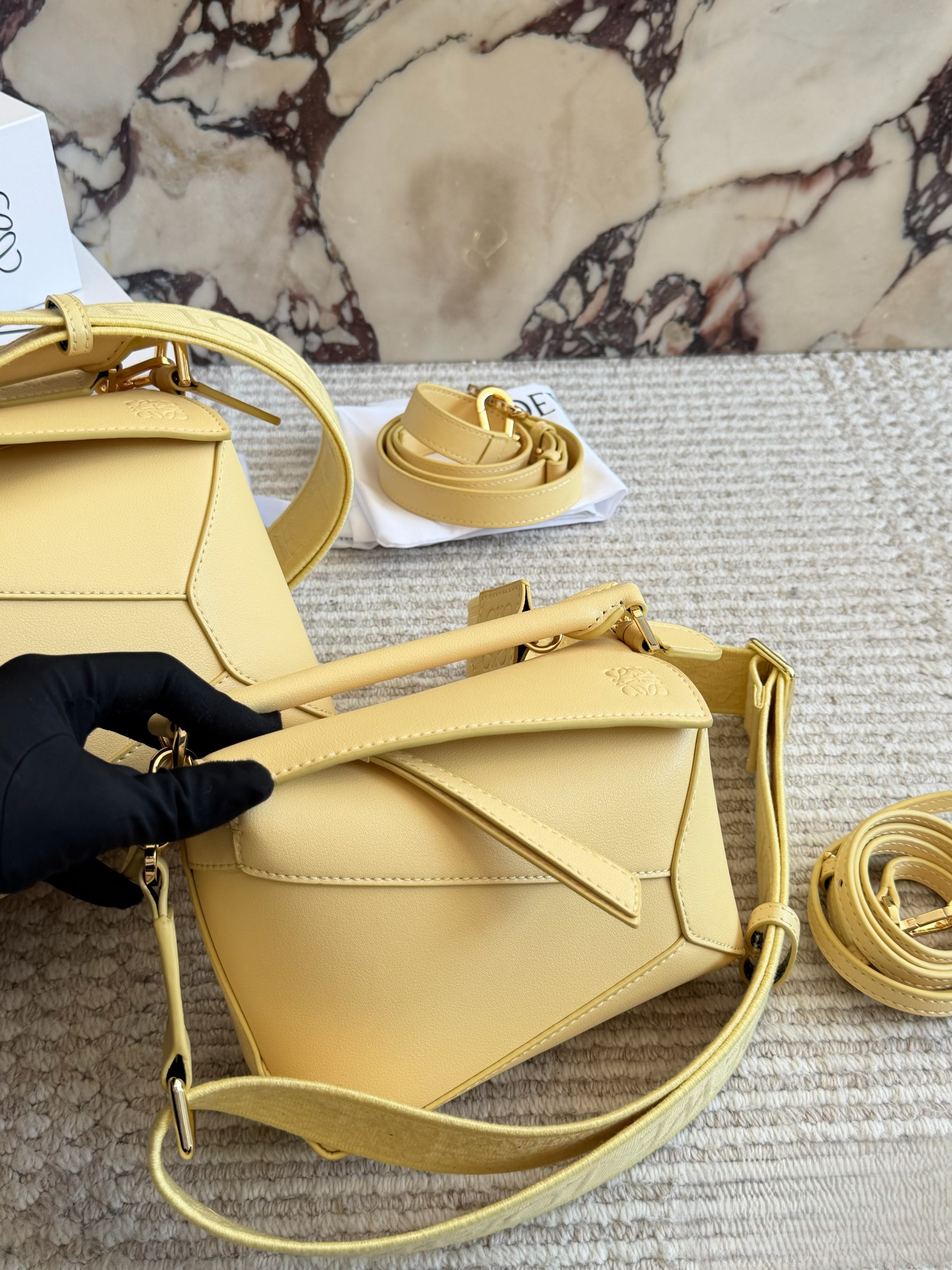 Loewe Puzzle 18/24 Yellow Smooth Calfskin Leather Monogram Webbing Strap Handle Shoulder Bag - KAIROO