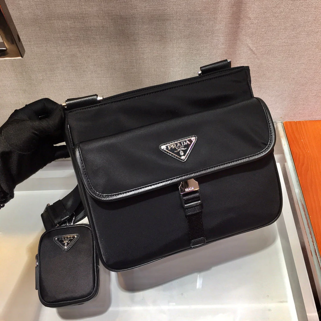 Prada TRIANGLE LOGO CROSSBODY BAG 25 IN BLACK RE-NYLON AND SAFFIANO LEATHER TRIM
