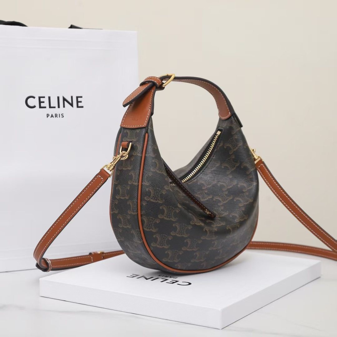 Celine Small Tan Lulu Triomphe Canvas Adjustable Handle Moon Shaped Shoulder Bag - KAIROO