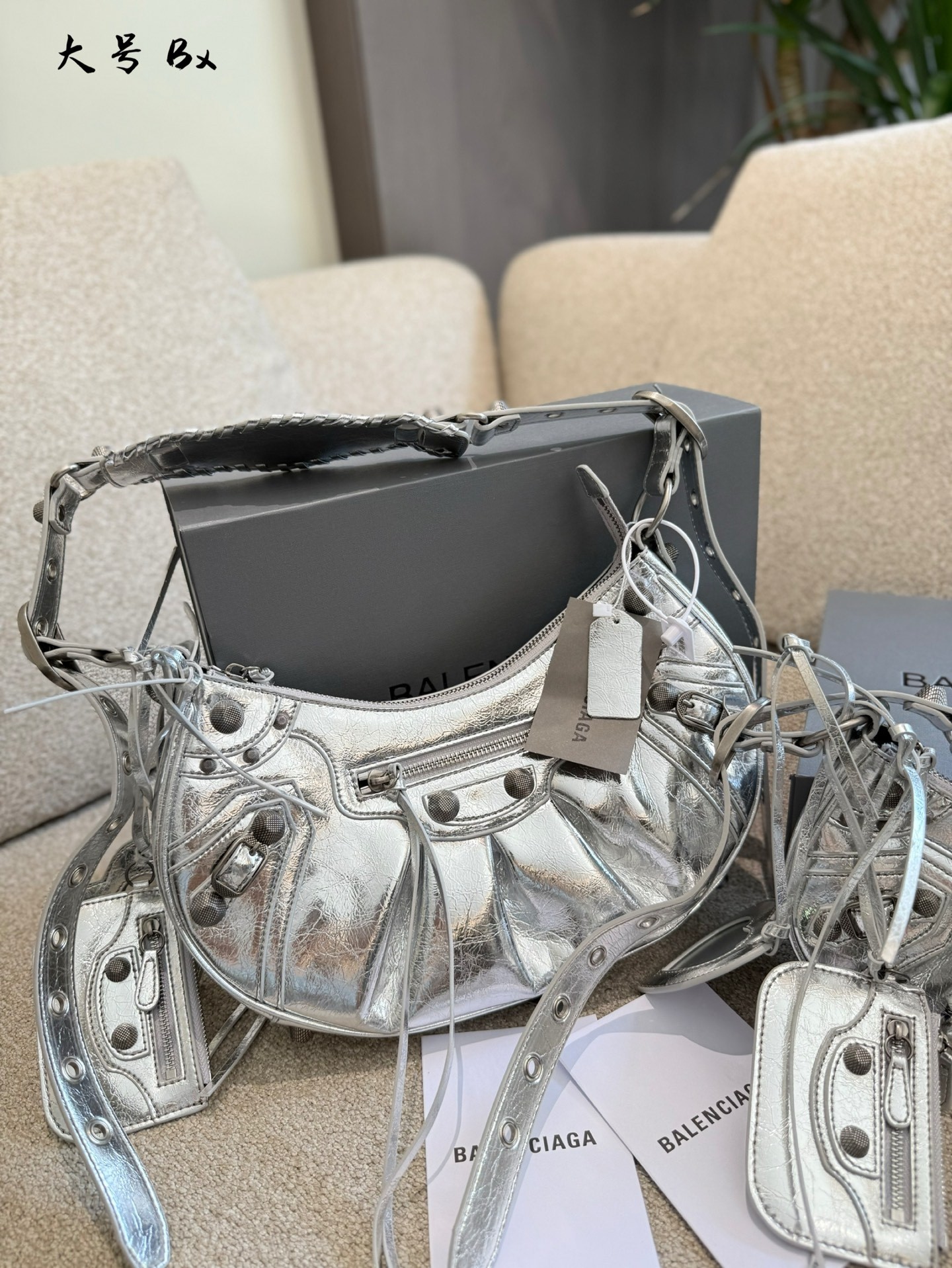 Balenciaga Le Cagole Metallic Silver Crinkled Leather Studded Purse& Heart Mirror Charm Hobo Shoulder Bag - KAIROO