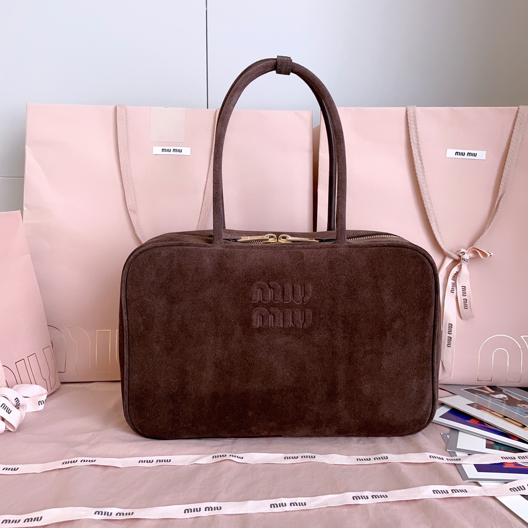 Miu Miu Large Dark Brown Beau Boston Suede Bag 5BB117