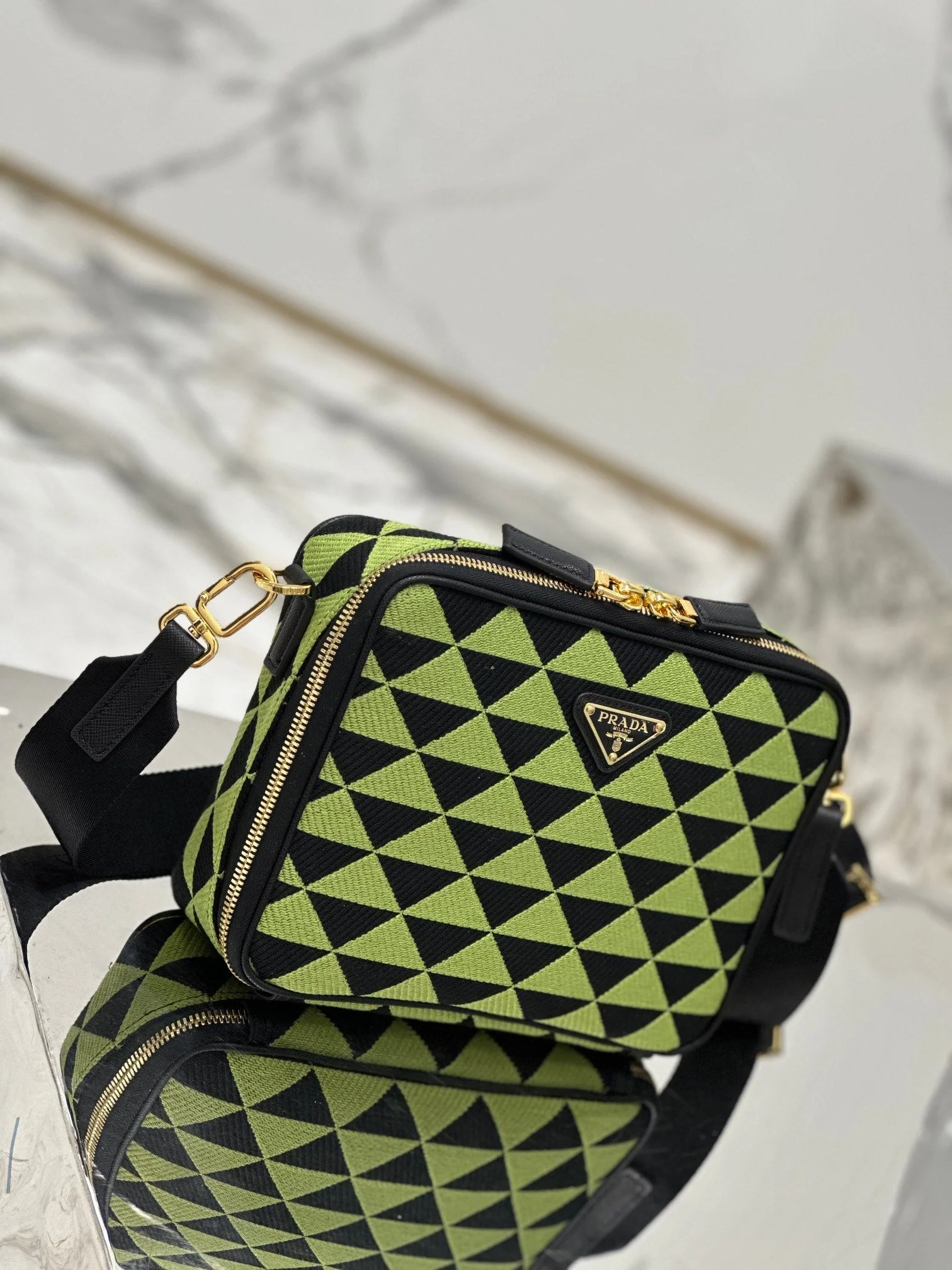 Prada MESSENGER BAG 22 IN OCADO GREEN AND BLACK EMBROIDERED FABRIC GOLD HARDWARE