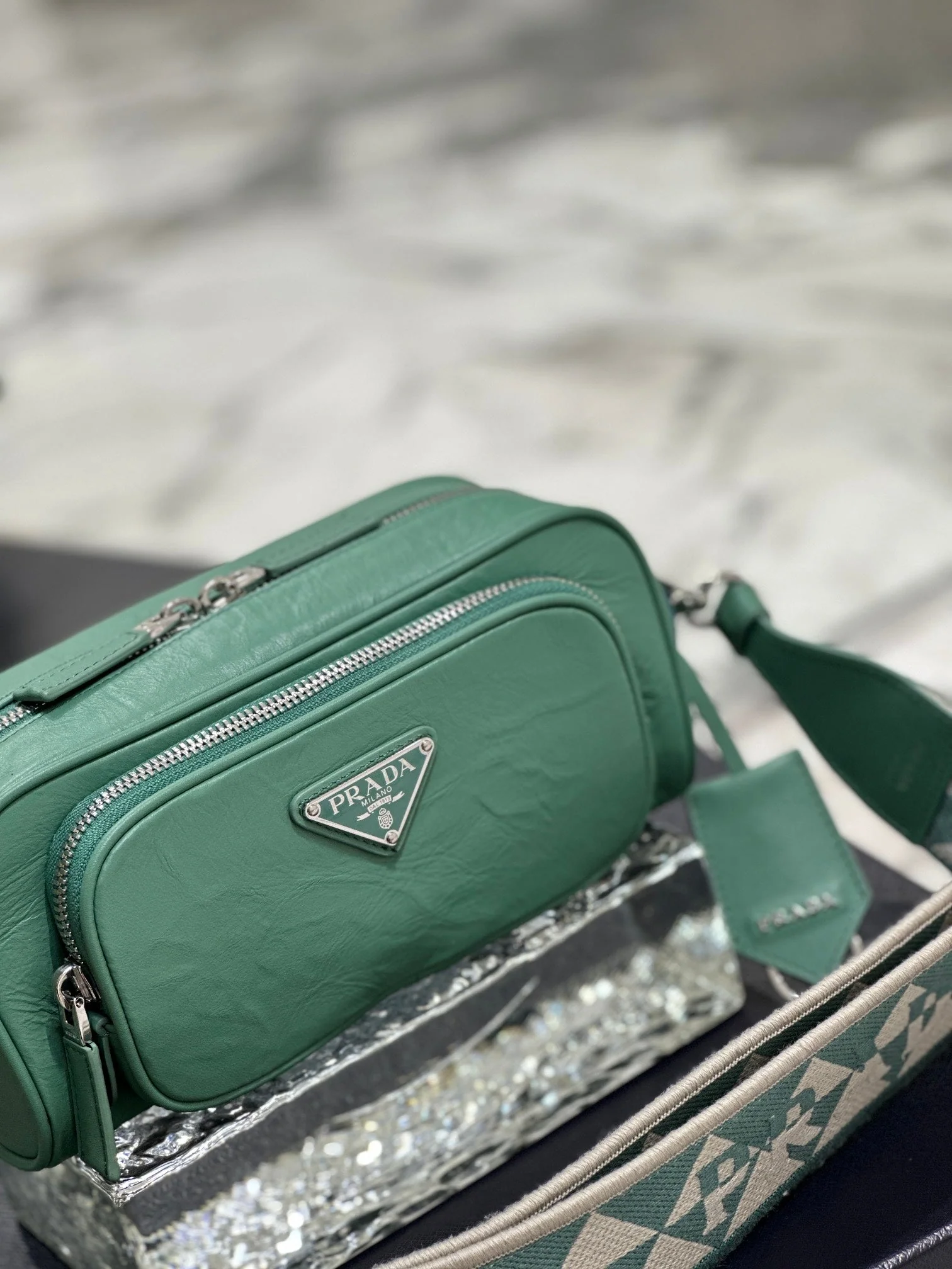 Prada CAMERA BAG 23 IN CASTLETON GREEN WRINKLED LAMBSKIN