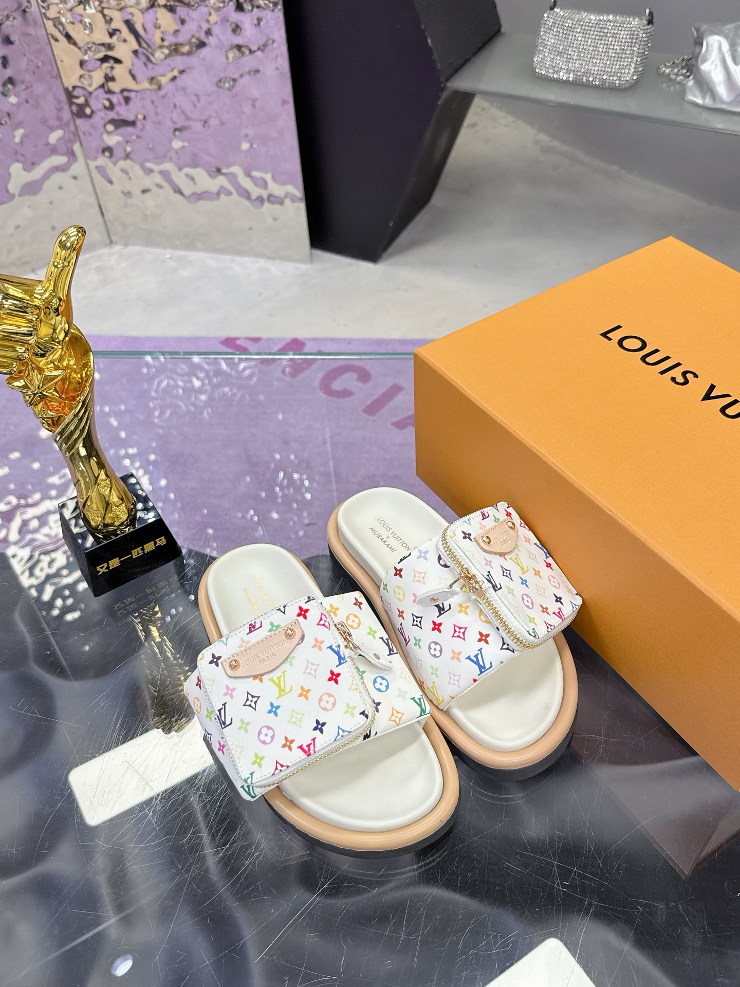 Louis Vuitton × Takashi Murakami White Multicolor Monogram Canvas Zipper Pocket Mule Flat Slide Sandals - KAIROO