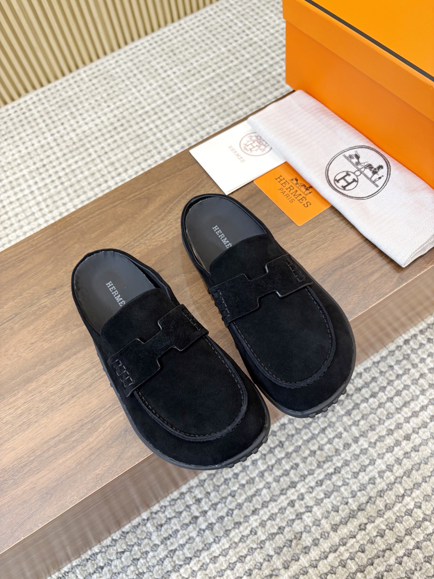 Hermès Black H Cut-Out Suede Leather Go Loafer Mules - KAIROO