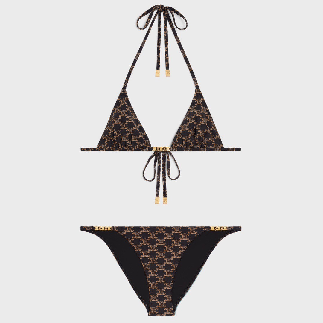 Celine Triomphe All-over Monogram Pattern Gold Gourmette Bikini Set Swimwear - KAIROO
