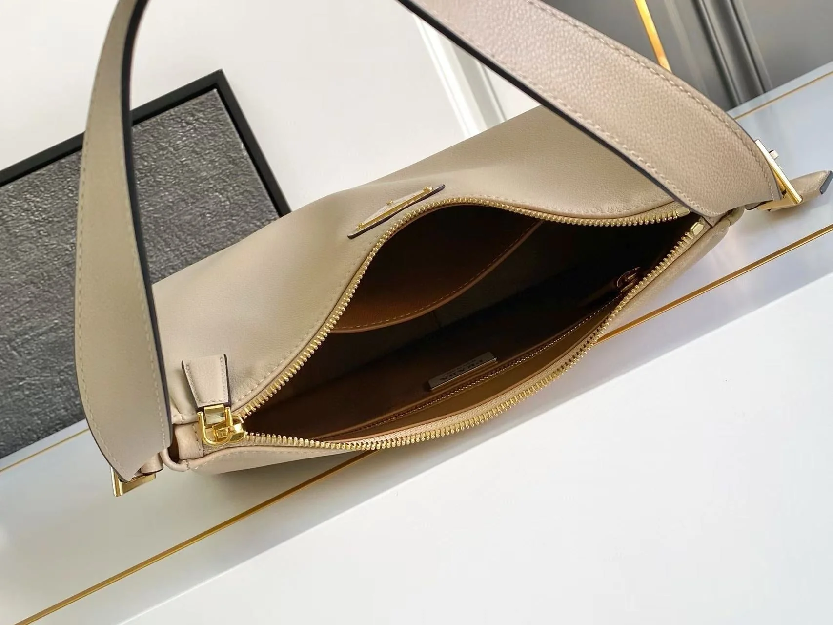 Prada Aimee Underarm Bag 31cm beige Calfskin