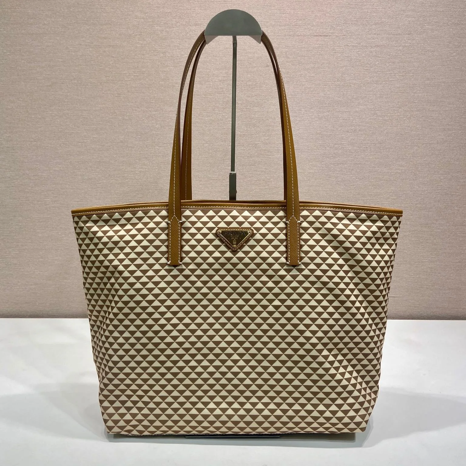 Prada TOTE BAG 33 IN BROWN MIX CREAM TRIANGLE PATTERN EMBROIDERED FABRIC