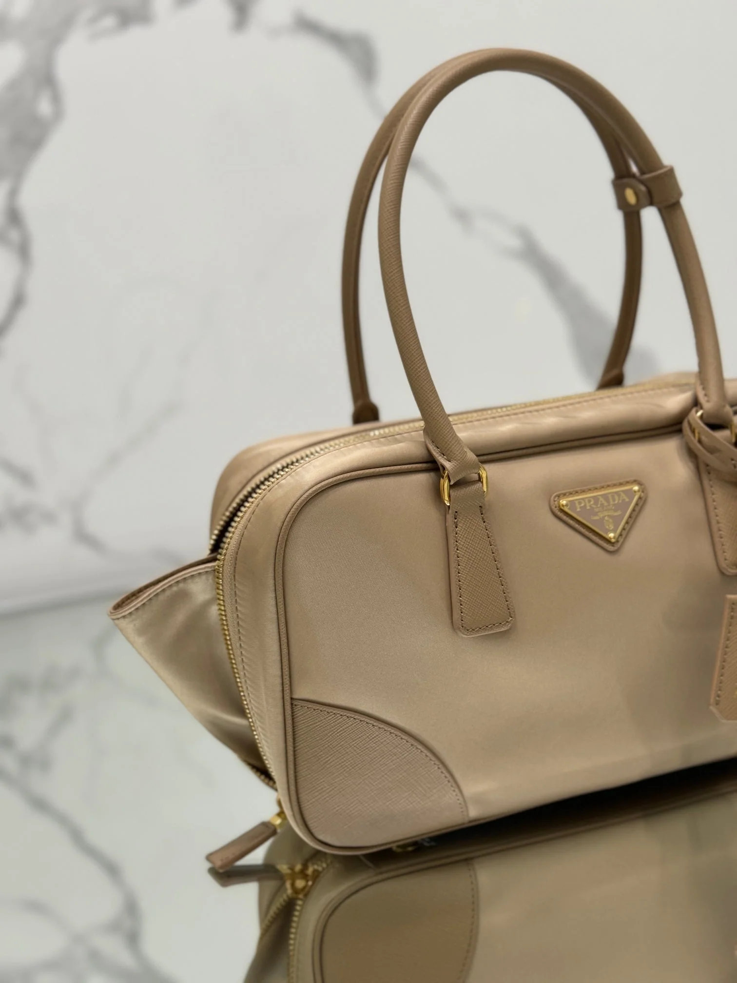 Prada LARGE TOP HANDLE BAG 35 IN DRIED MOSS NYLON AND CALFSKIN TRIM