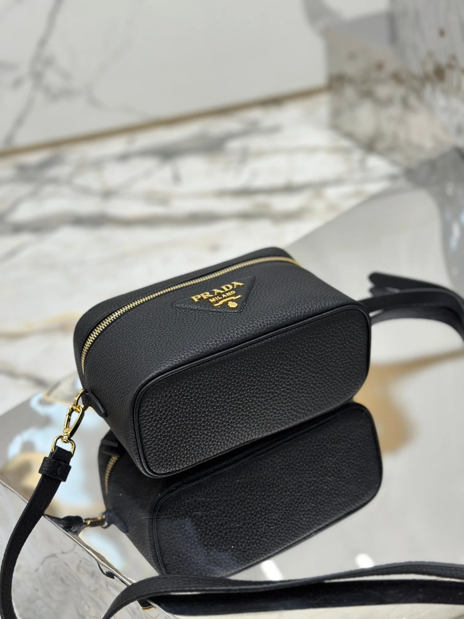 Prada VANITY CASE 18 IN BLACK GRAINED CALFSKIN GOLD HARDWARE