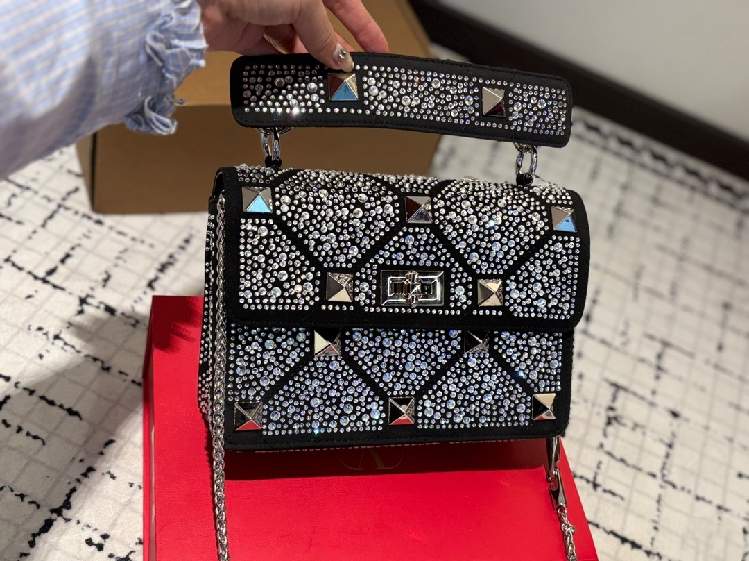 Valentino Bling Rockstud Spike Boxy Suede All-over Crystal Large Stud Twist-lock Flap Shoulder Bag - KAIROO