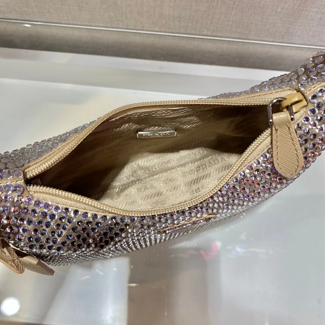 Prada SPARKLING HOBO BAG 23 IN BEIGE NYLON ATTACHED FULLY CRYSTALS