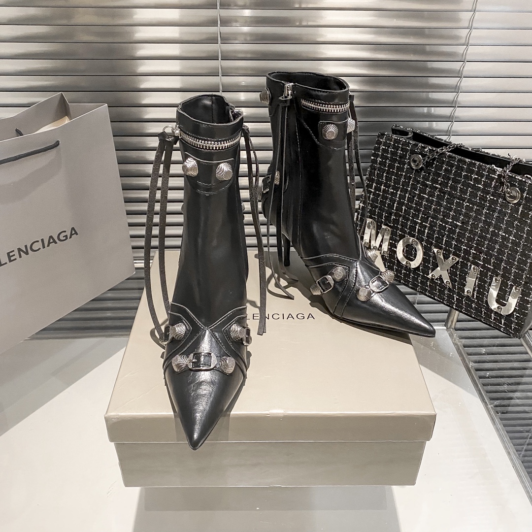 Balenciaga Cagole Black Arena Leather Studded Pointed Toe Sleek High Heel Ankle Short Boots - KAIROO