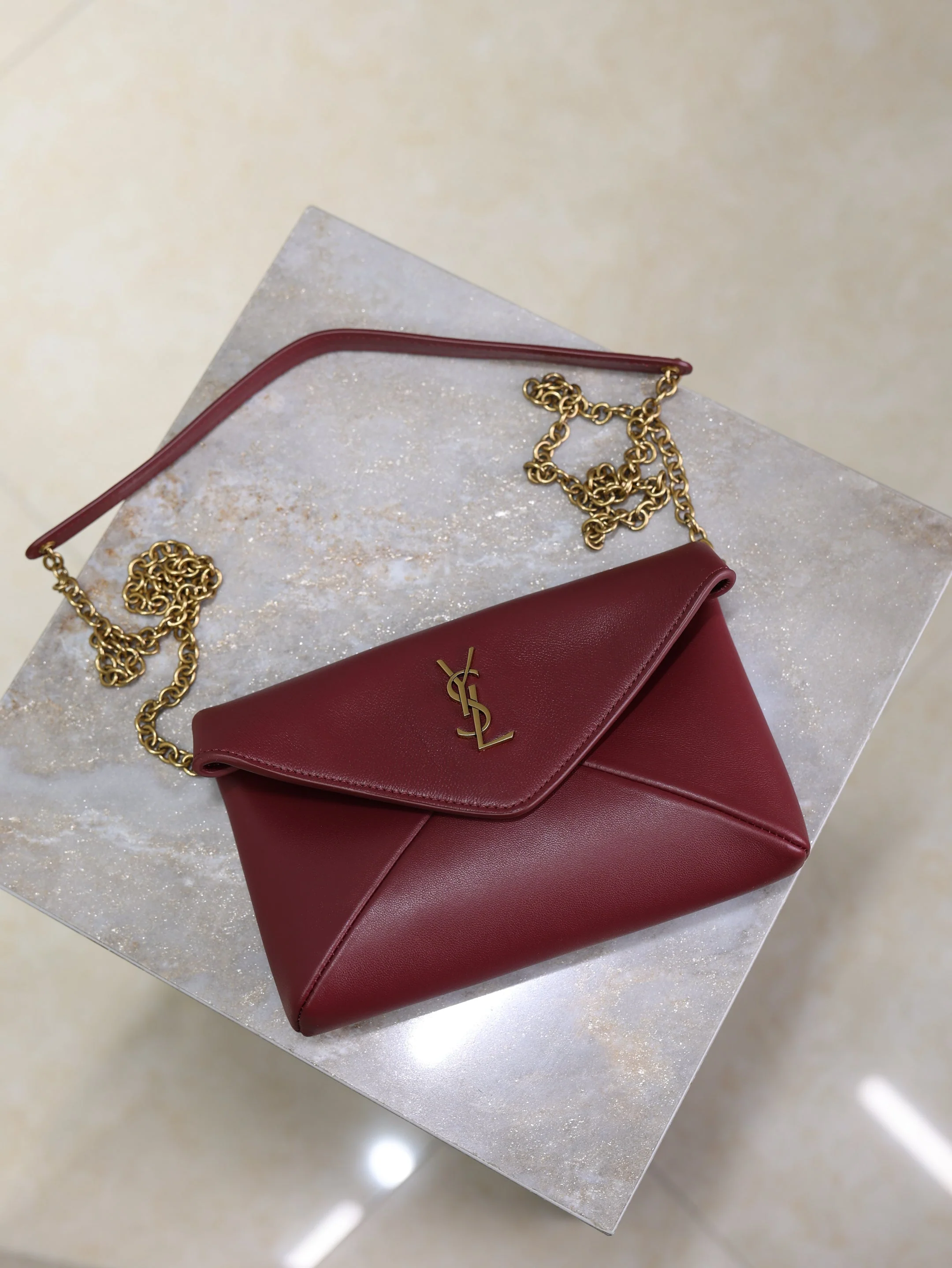 Saint Laurent YSL Calypso Bag 19cm Burgundy Sheepskin Leather