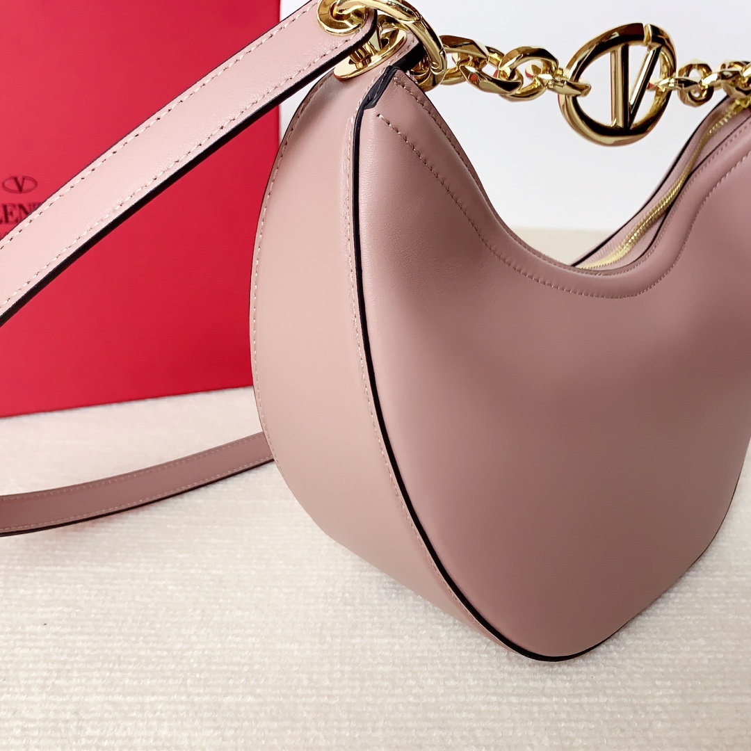 Valentino Small Vlogo Moon Hobo in Smooth Calfskin-Nude pink