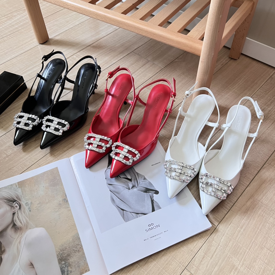 Balenciaga Crystal BB Logo Pointed Toe Patent Leather Knife Slingbacks Strap Heels - KAIROO