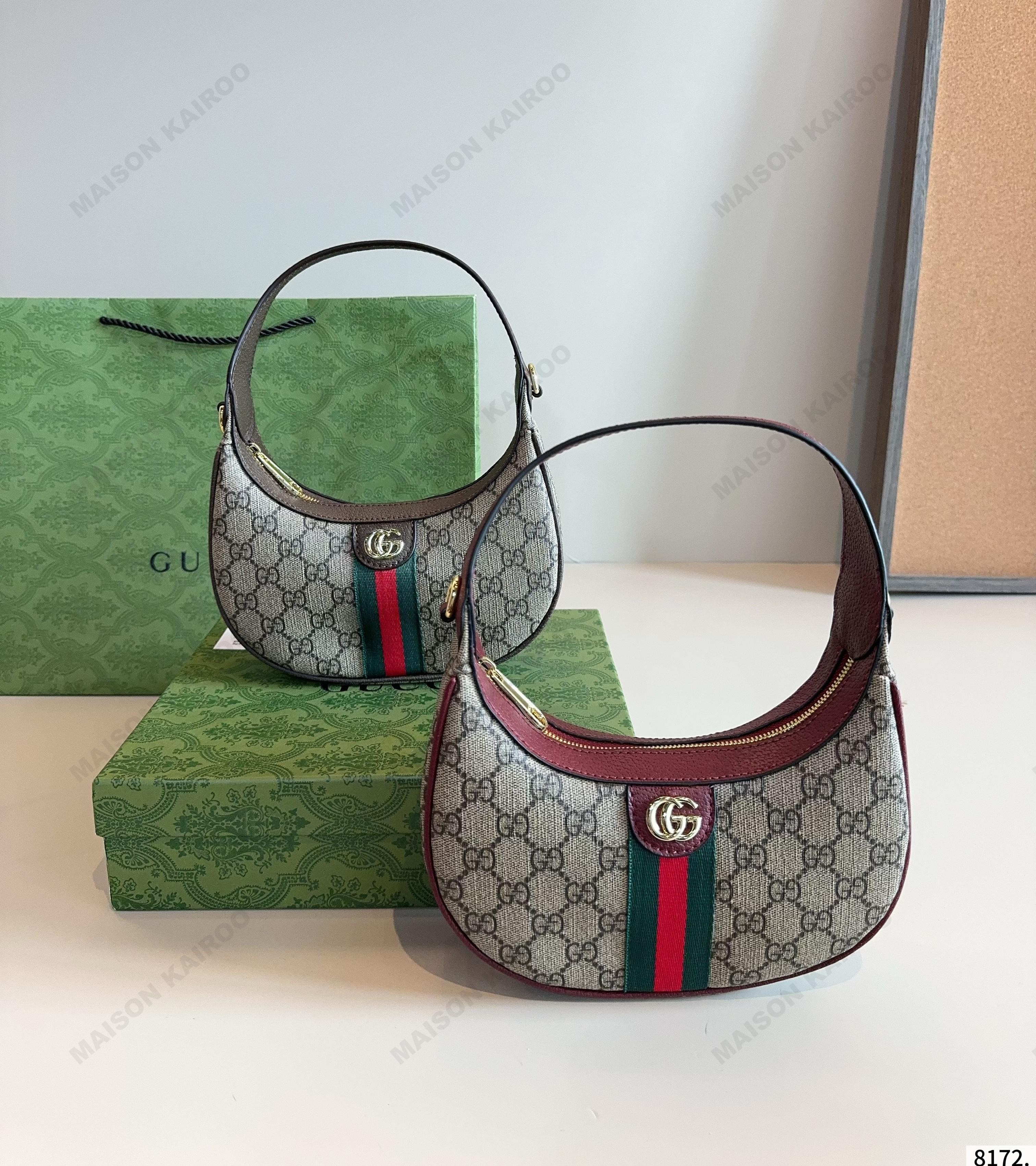 Gucci Ophidia Mini Crescent Hobo Red-Green Web Stripe  Leather Trim Chain Underarm Crossbody Bag - KAIROO