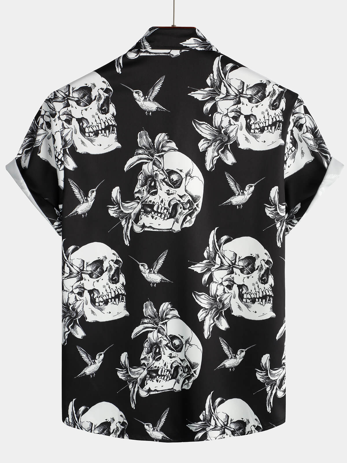 Men's Black Skull Hummingbird Punk Rock Hawaiian Button-Up Short Sleeve Shirt