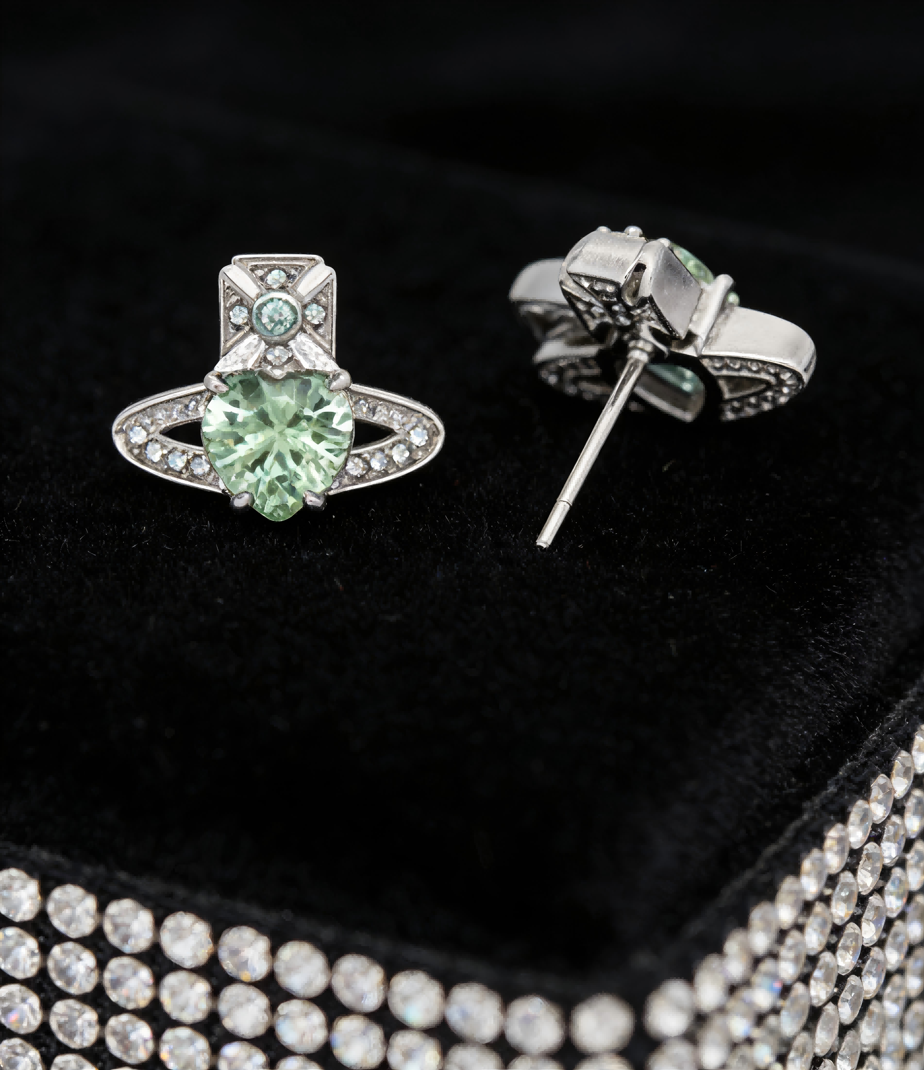 2026 New Vivienne Westwood Style Mint Green Crystal Saturn Earrings - Dainty Silver Tone Rhinestone Stud Earrings for Women