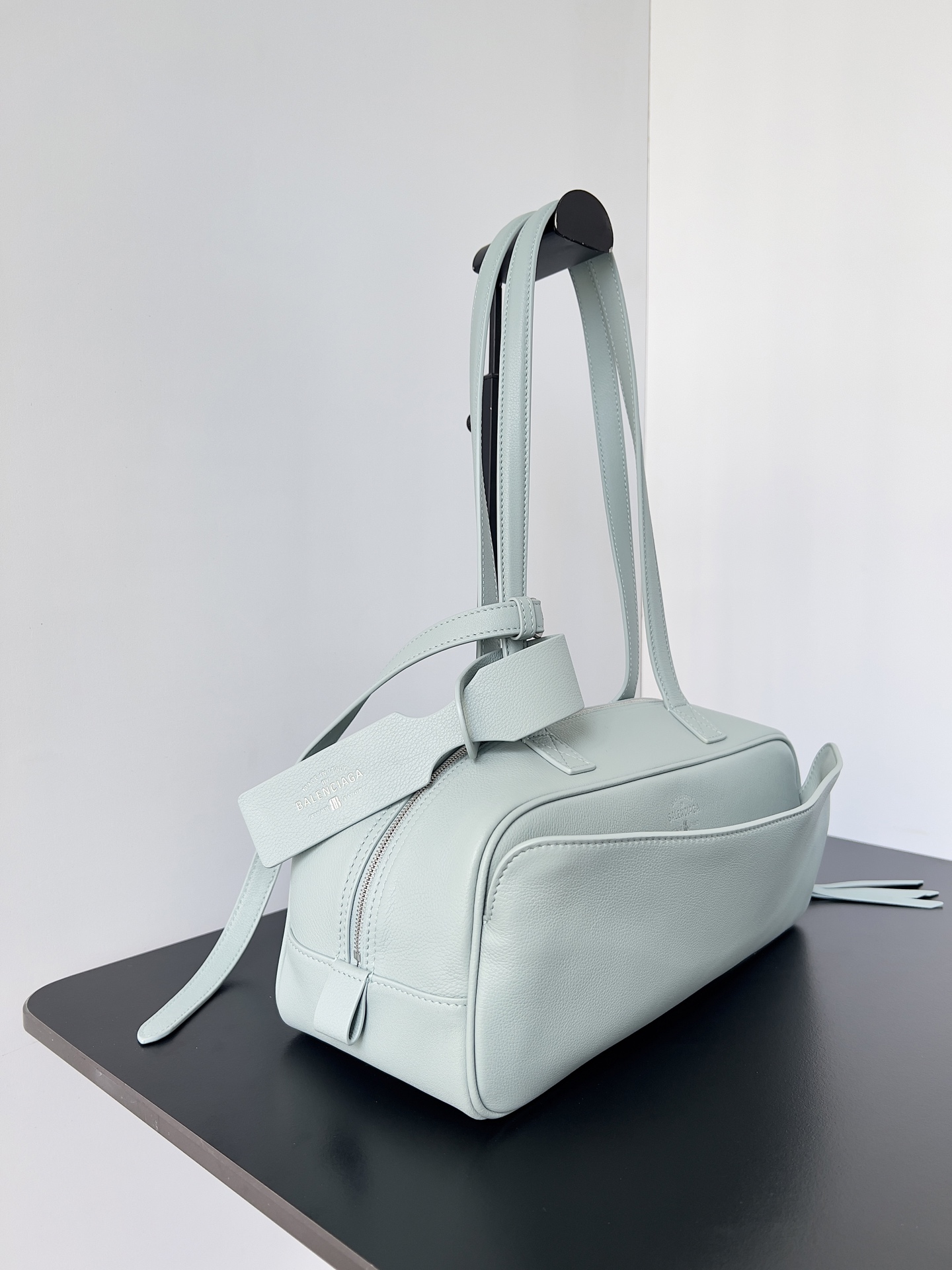 Balenciaga Carrie Small Light Sage Grained Leather Multi-Way Top Handle Bowler Bowling Bag - KAIROO