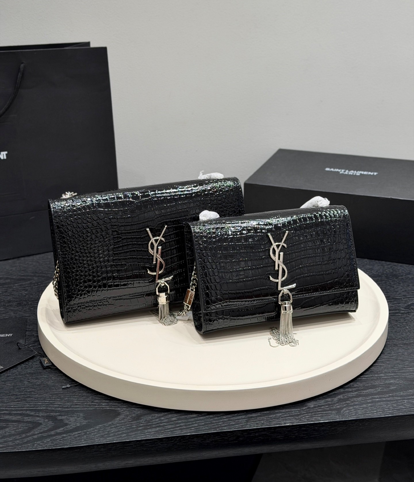 Saint Laurent YSL Kate Small& Medium Croc Embossed Leather Chain Gold/Silver Tassel Shoulder Bag - KAIROO