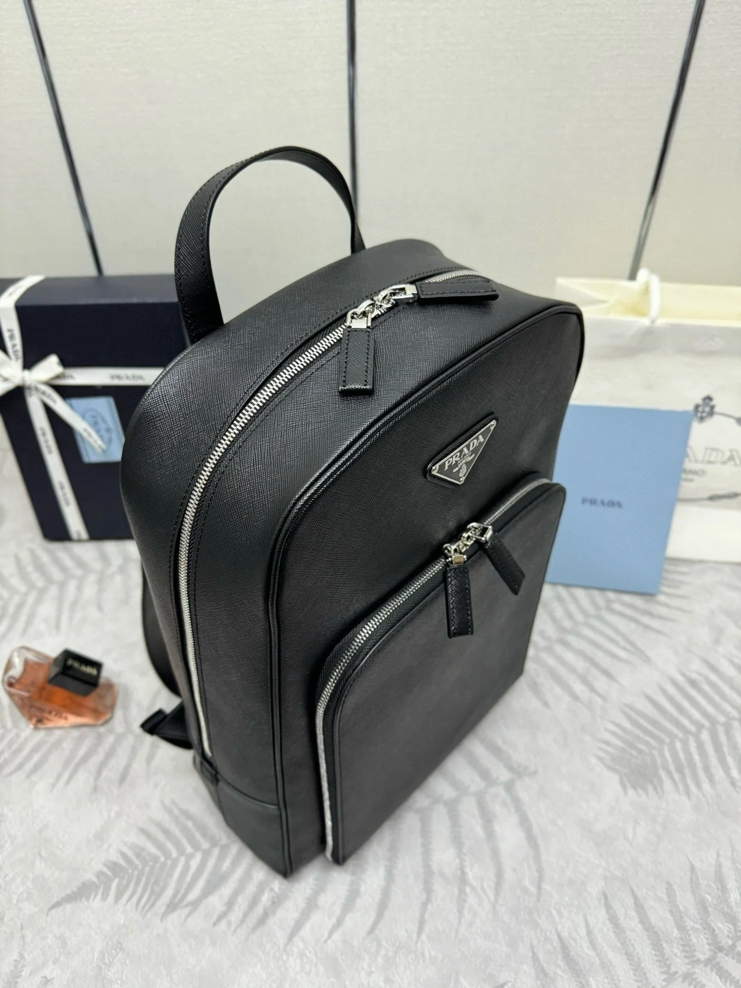 Prada Triangle-Logo Zipped Backpack Black Saffiano leather