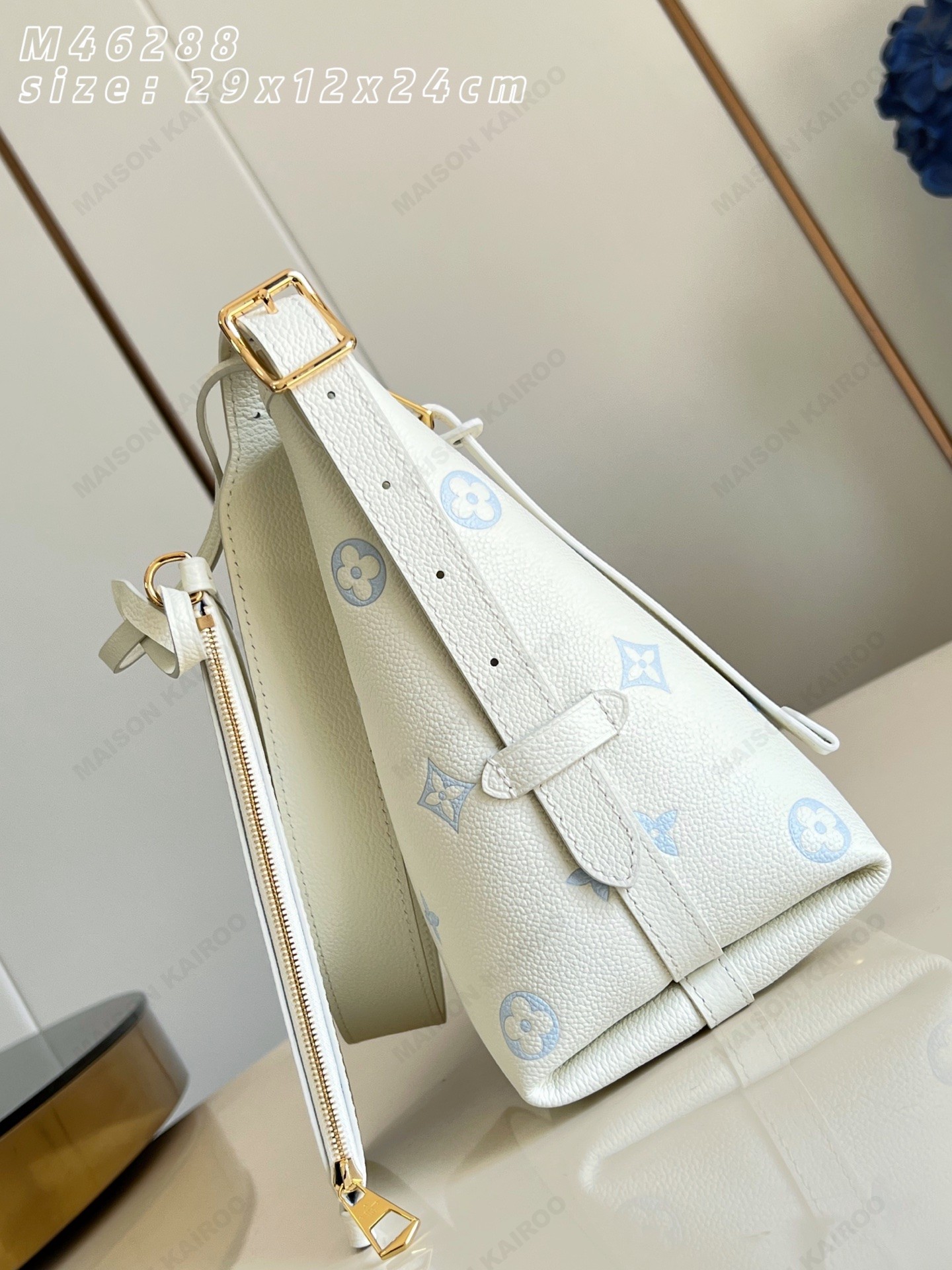 【15A】Louis Vuitton LV Carryall PM Cream Blue Dense Monogram Empreinte Leather Hobo Tote Shoulder Bag - KAIROO