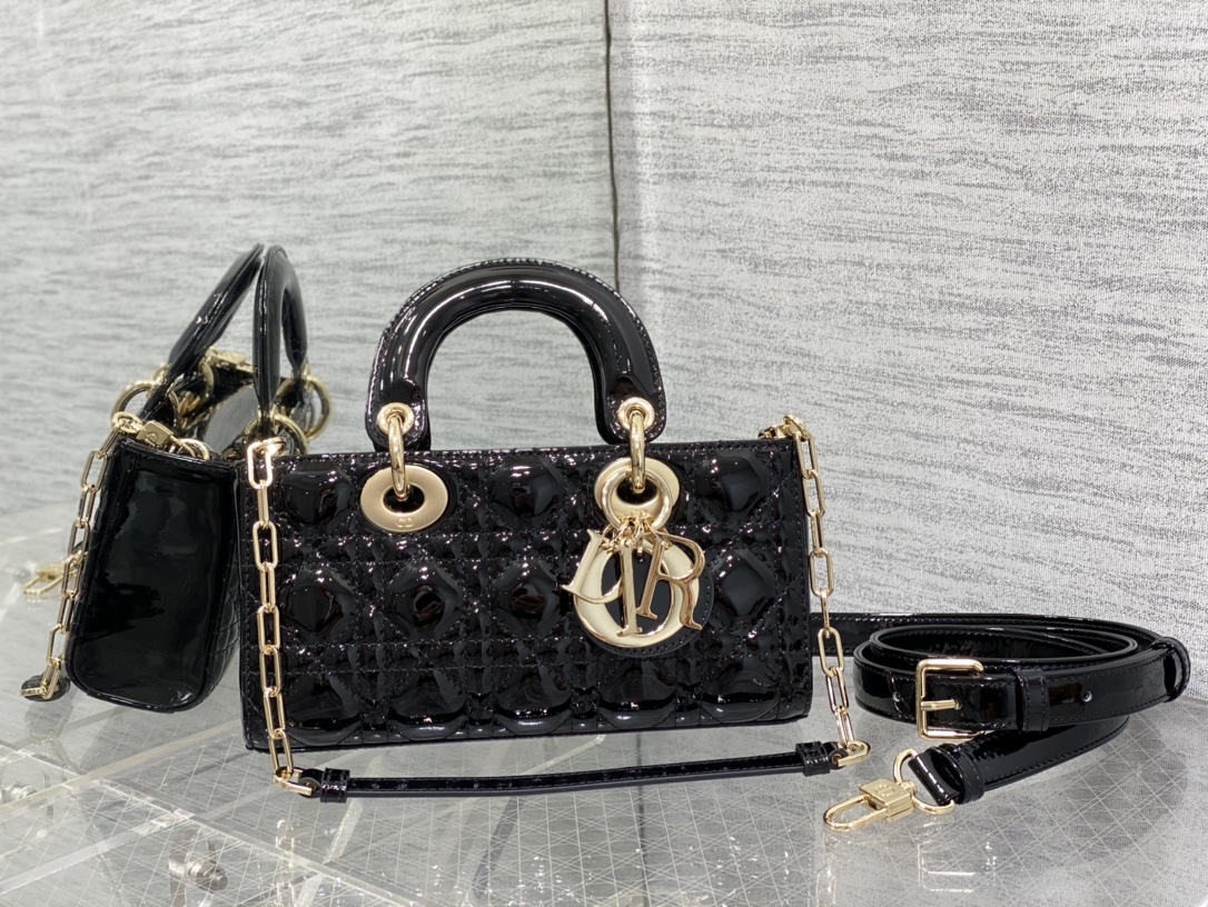 DIOR Small Lady D-Joy Bag in Black Patent Cannage Calfskin