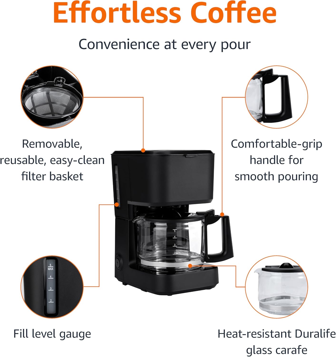 Amazon Basics 5 Cup Drip Coffee Maker with Glass Coffee Pot (0.8 Qt), Auto Shut-off, Auto Pause, Removable Filter Basket, Matte Black