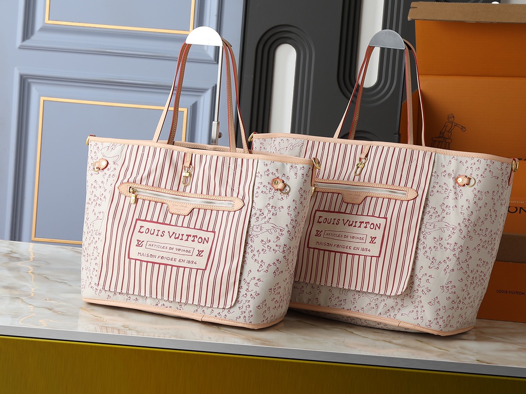 Louis Vuitton LV Neverfull Inside Out MM&GM Canvas Cat Print Woven Strap Reversible Tote Bag With Pouch - KAIROO