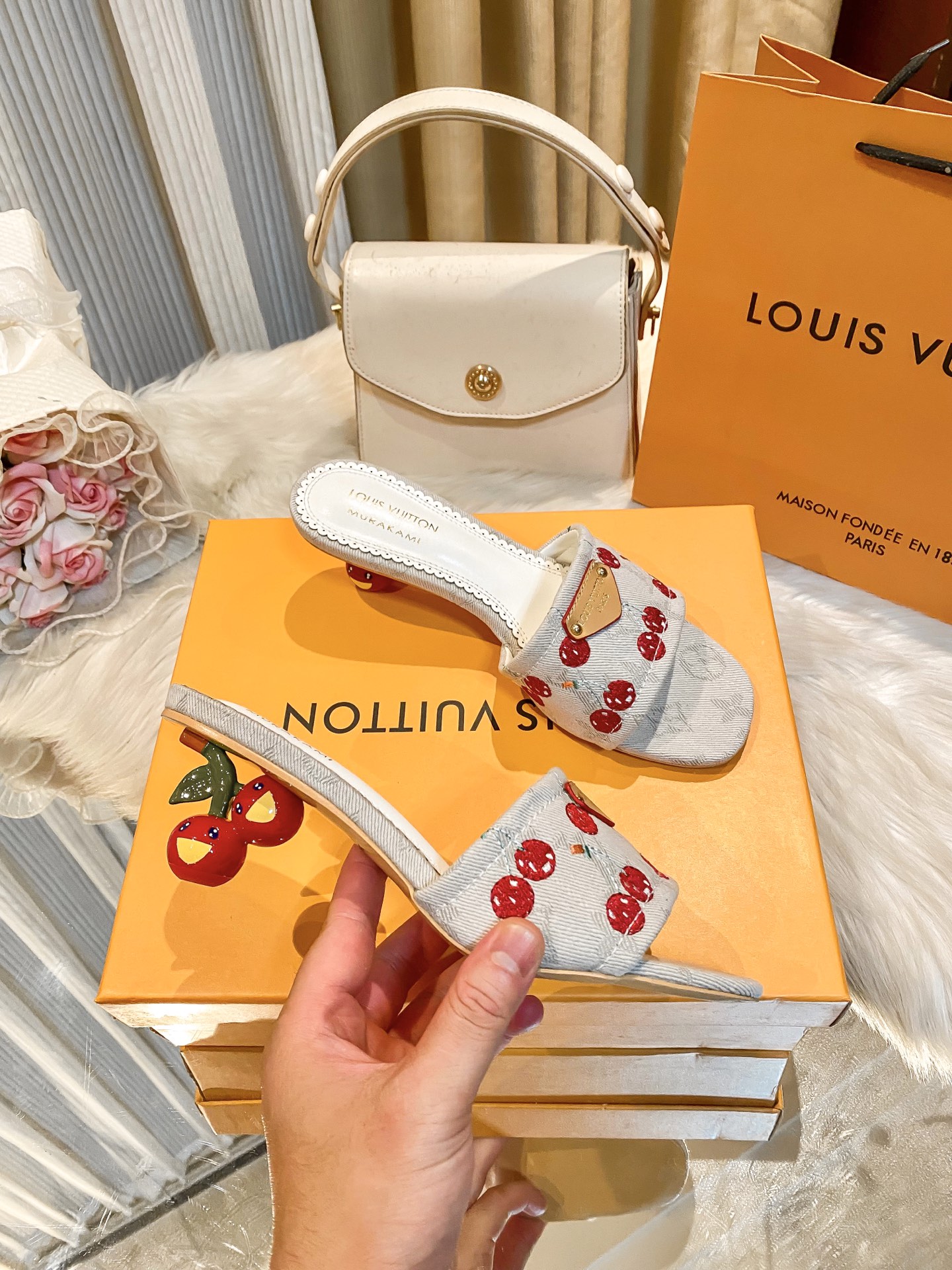 Louis Vuitton LV x Takashi Murakami Monogram Denim Plaque Cherry Embroidery Cherry-Shaped Heel Sandals Mules - KAIROO