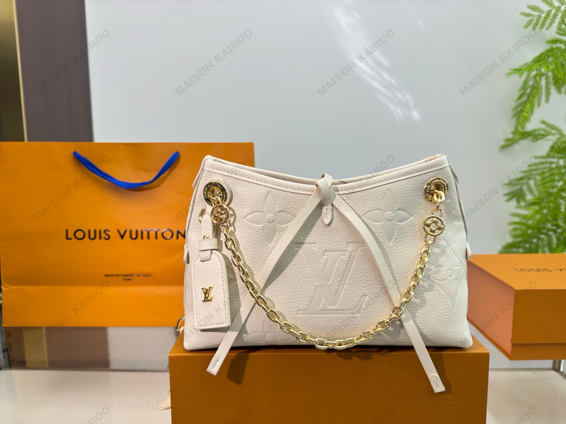 Louis Vuitton LV Carryall BB Oversized Monogram Embossed Leather Bow Chain Strap Hobo Shoulder Bag - KAIROO