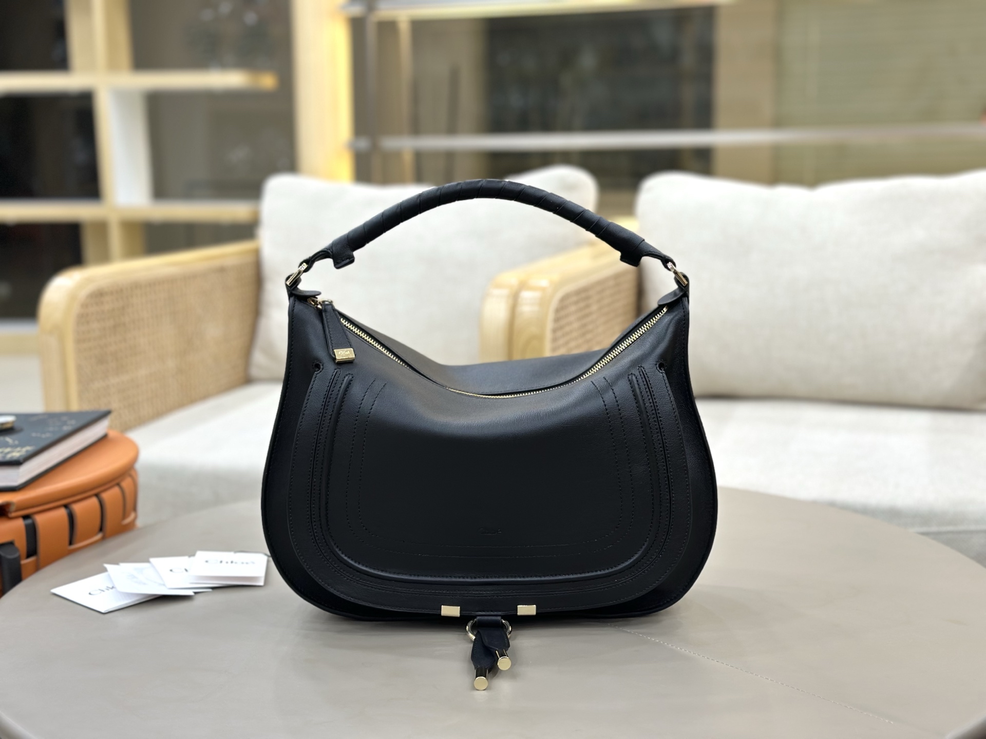 Chloe Large Marcie Shoulder Bag in Smooth Calfskin-Black