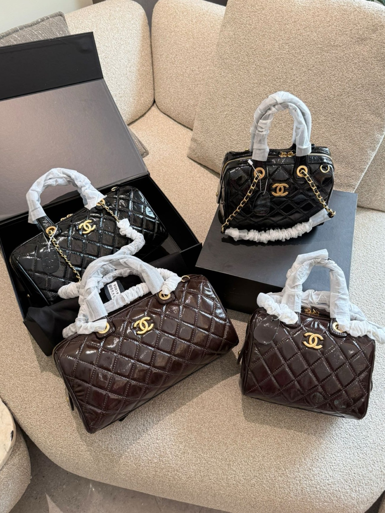 Chanel 25A S&M Shiny Calfskin Leather Quilted Chain Handle Dome Boston Bowling Shoulder Bag - KAIROO
