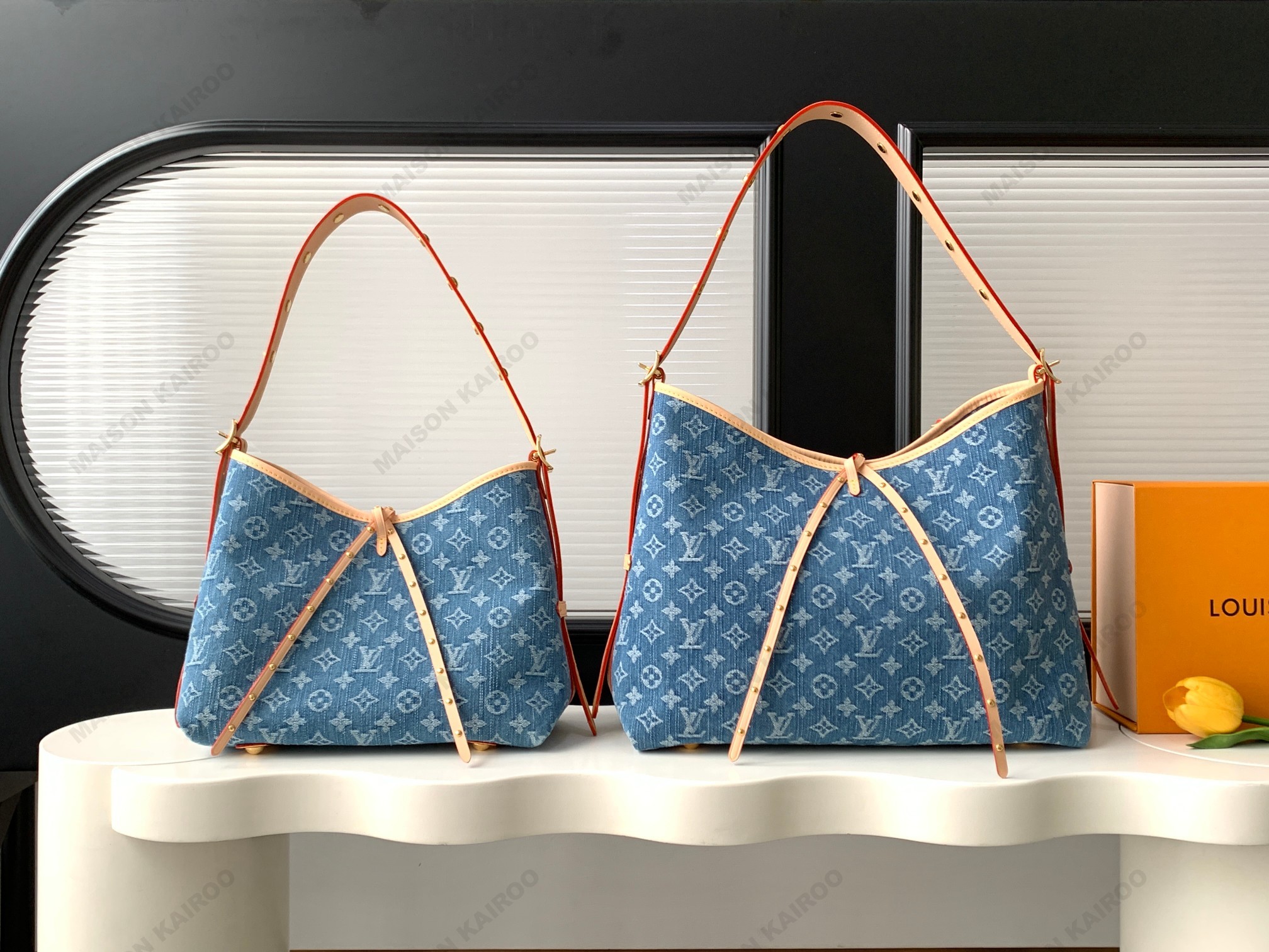 Louis Vuitton LV Carryall PM/MM Monogram Denim Blue Bow Vachetta Leather Hobo Tote Shoulder Bag - KAIROO