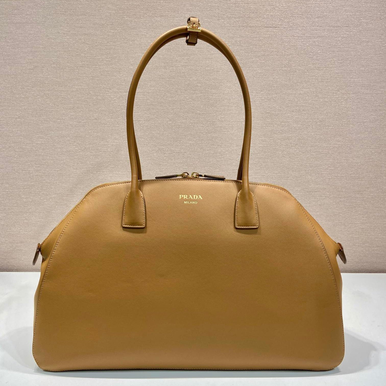 Prada LARGER TOTE BAG 48 WITH ZIPPER CLOSURE IN CIDER BROWN SMOOTH CALFSKIN