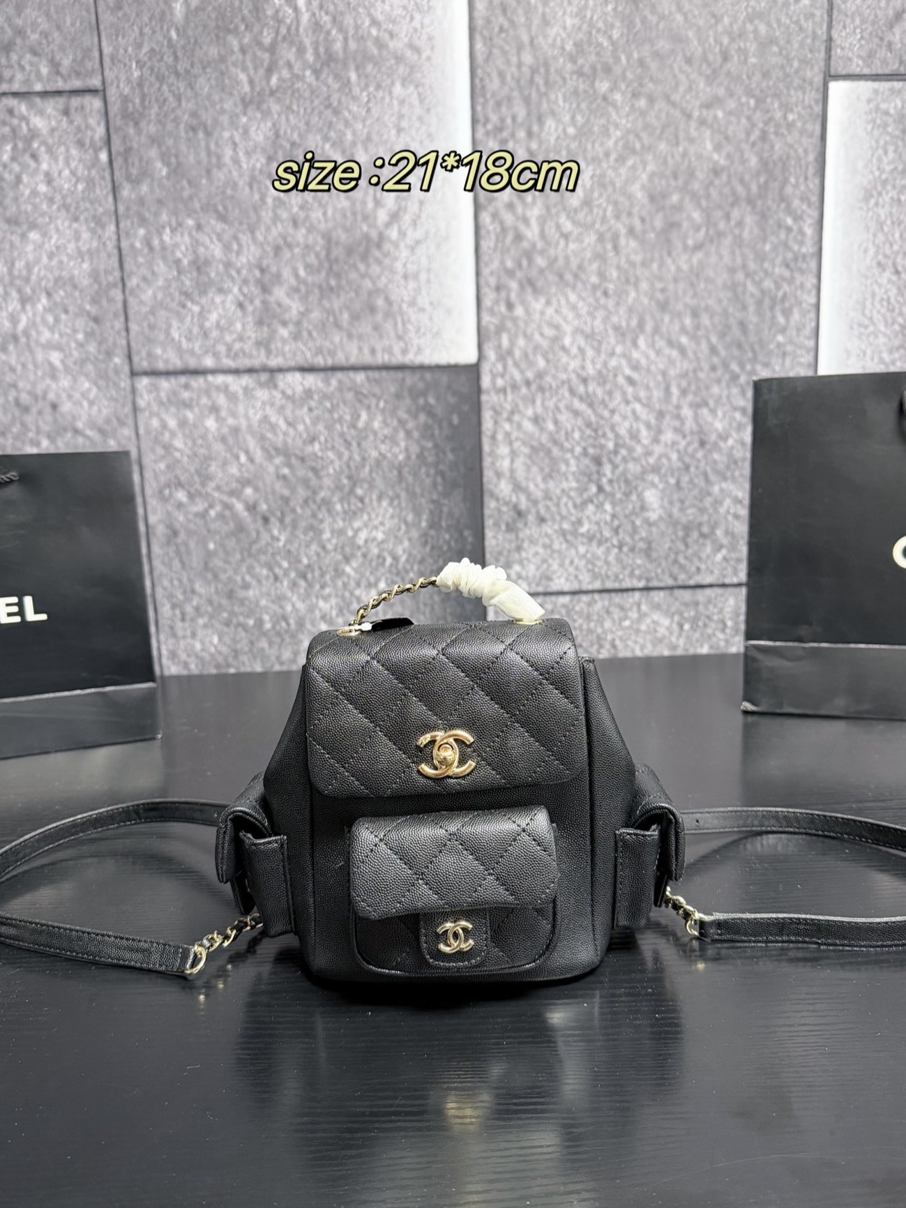 Chanel Mini Cargo Caviar Leather Turn-lock Side Multi-Pocket Interlaced Chain Backpack Bag - KAIROO