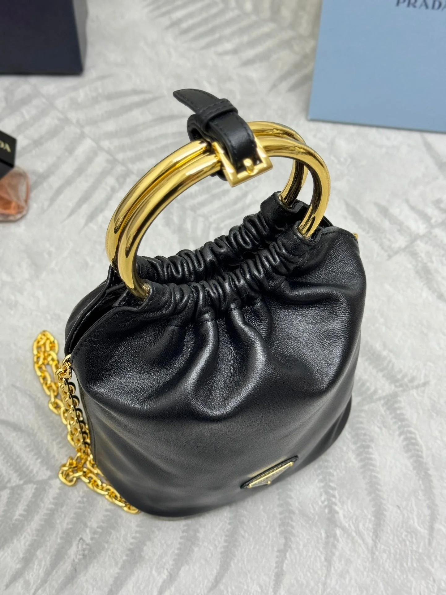Prada MINI BUCKET BAG 19 IN BLACK SOFT NAPPA LAMBSKIN GOLD HARDWARE
