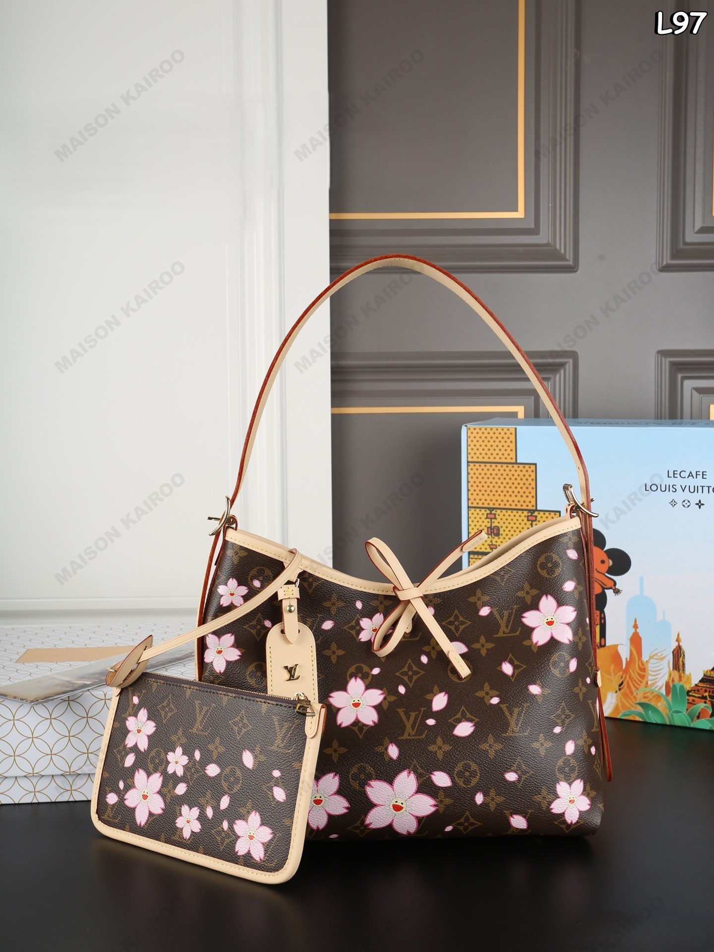 Louis Vuitton LV x TM Carryall PM Cherry Blossom Monogram Canvas Vachetta Leather Hobo Tote Shoulder Bag - KAIROO