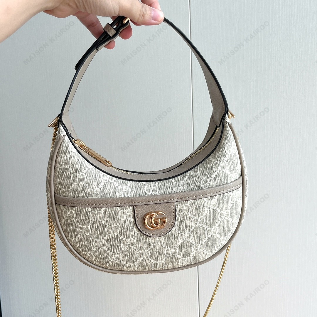 Gucci Ophidia GG Monogram Canvas Patch& Metal Logo Half Moon Hobo Bag Chain Strap Mini Shoulder Bag - KAIROO